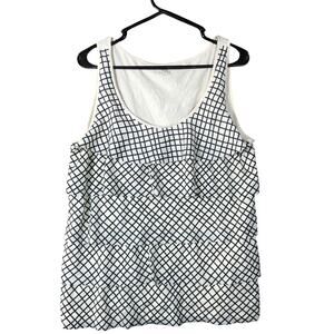 Ann Taylor LOFT Womens Blouse Cream Black Sleeveless Ruffle Scoop Neck Tank L